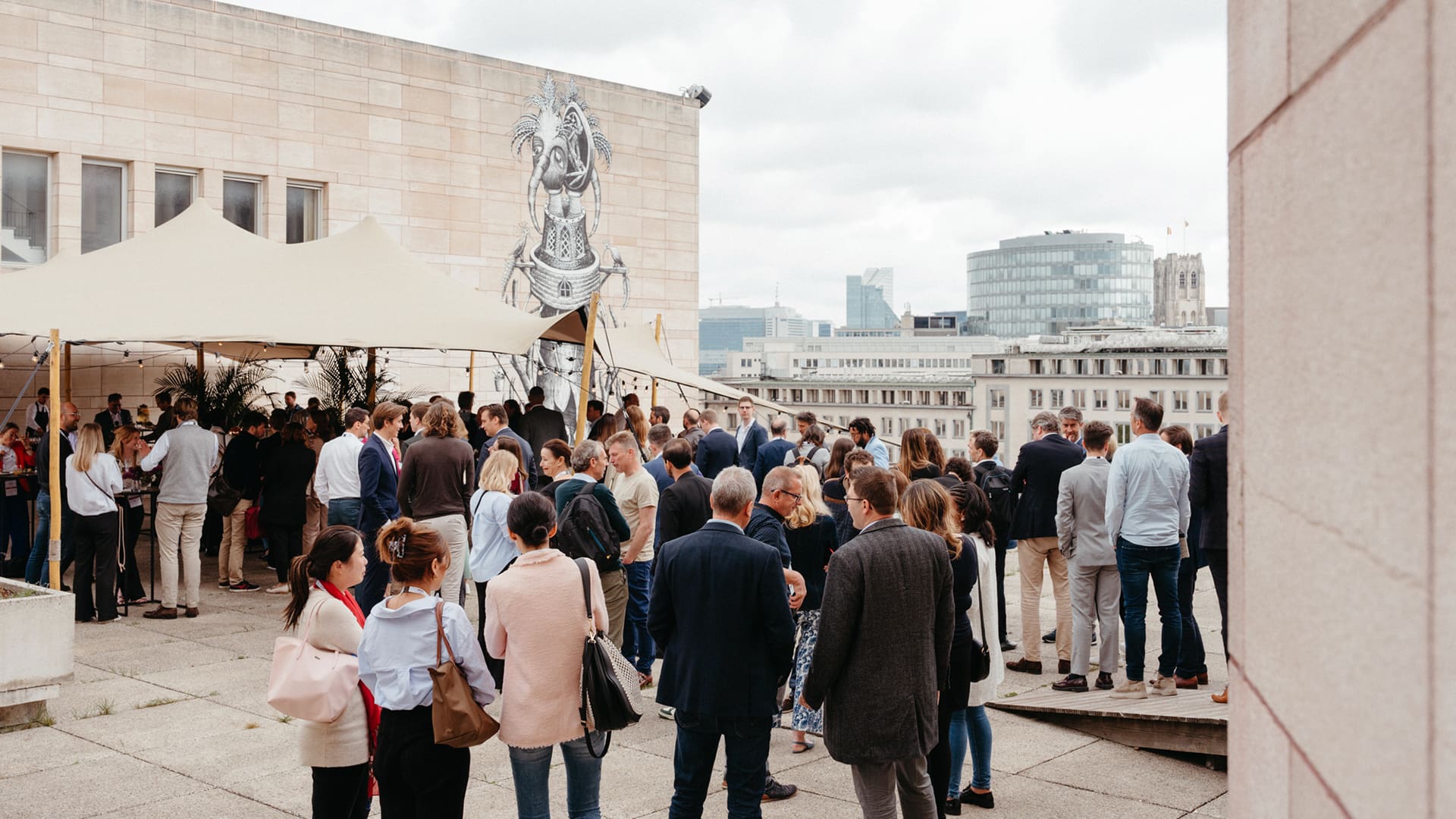 Albert rooftop venue event Choux de Bruxelles Catering event people talking terrace view